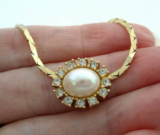 1960s Vintage Christian Dior Faux Oval Mabe Pearl and Rhinestones Halo Choker Necklace