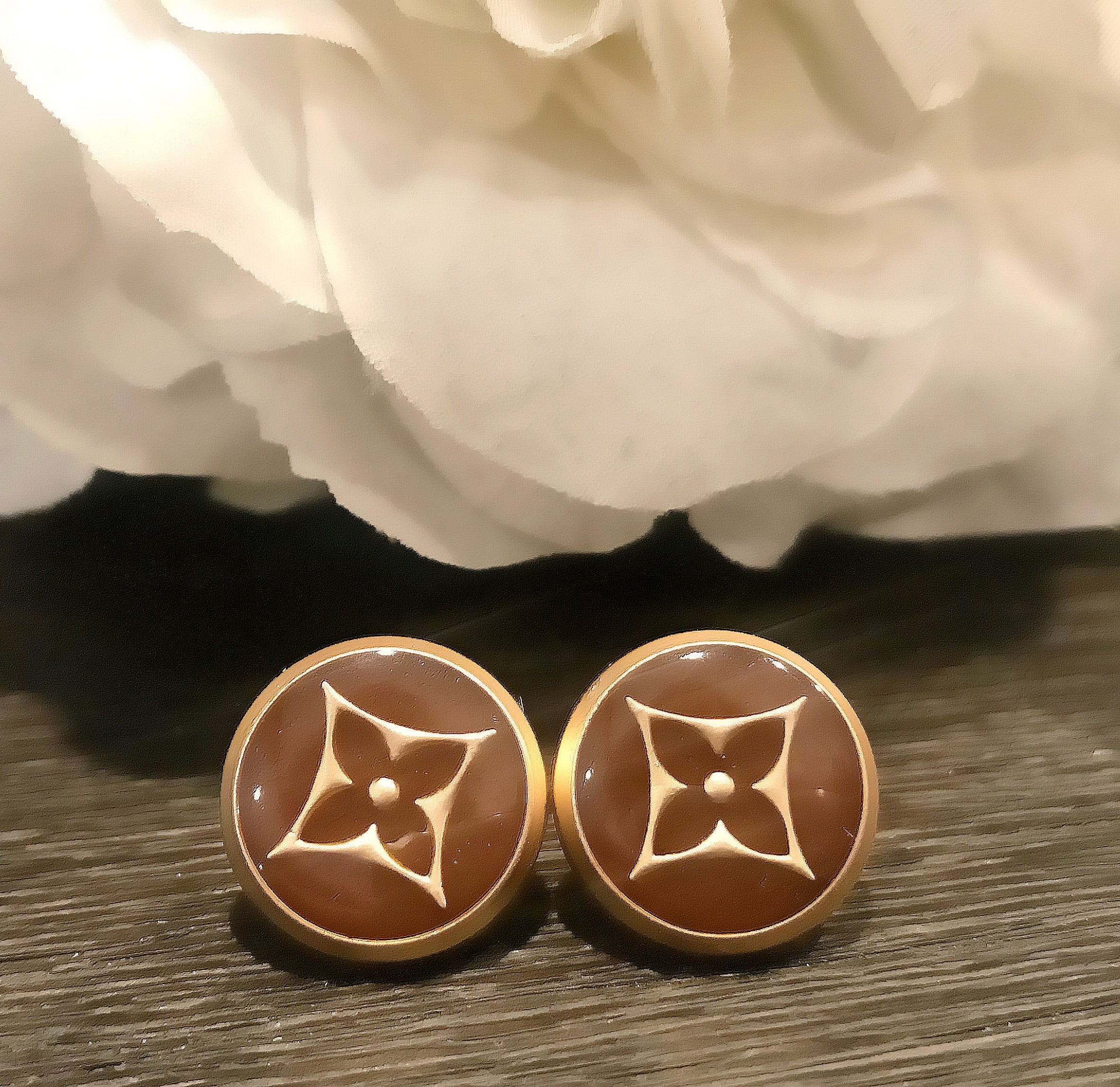 Louis Vuitton LV Upcycled Button Earrings - Brown Flower