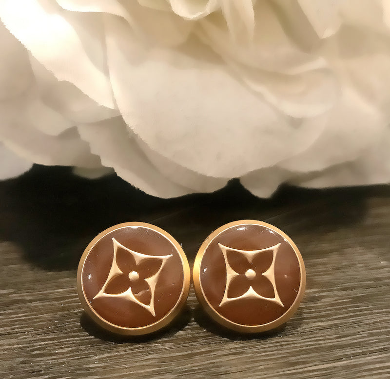 Louis Vuitton LV Upcycled Button Earrings Brown Flower – The